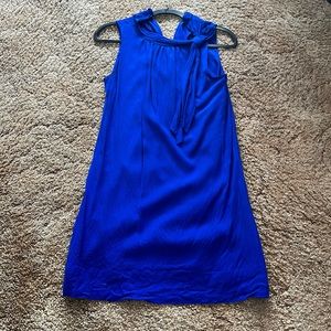 Blue shift mini dress with bow neck detail